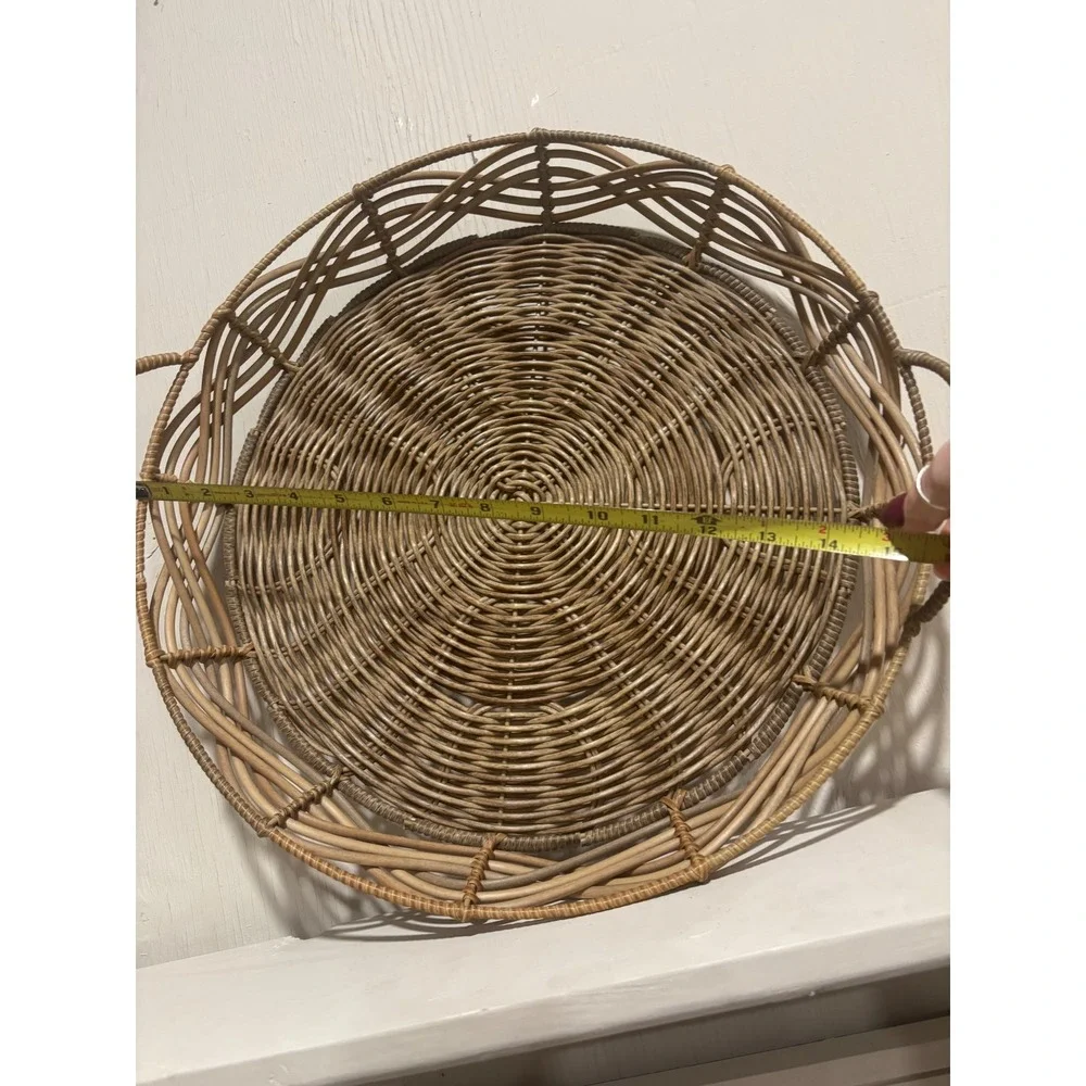 Round Wicker Serving Tray with Handles 15 Inch Natural Rattan Boho Decor